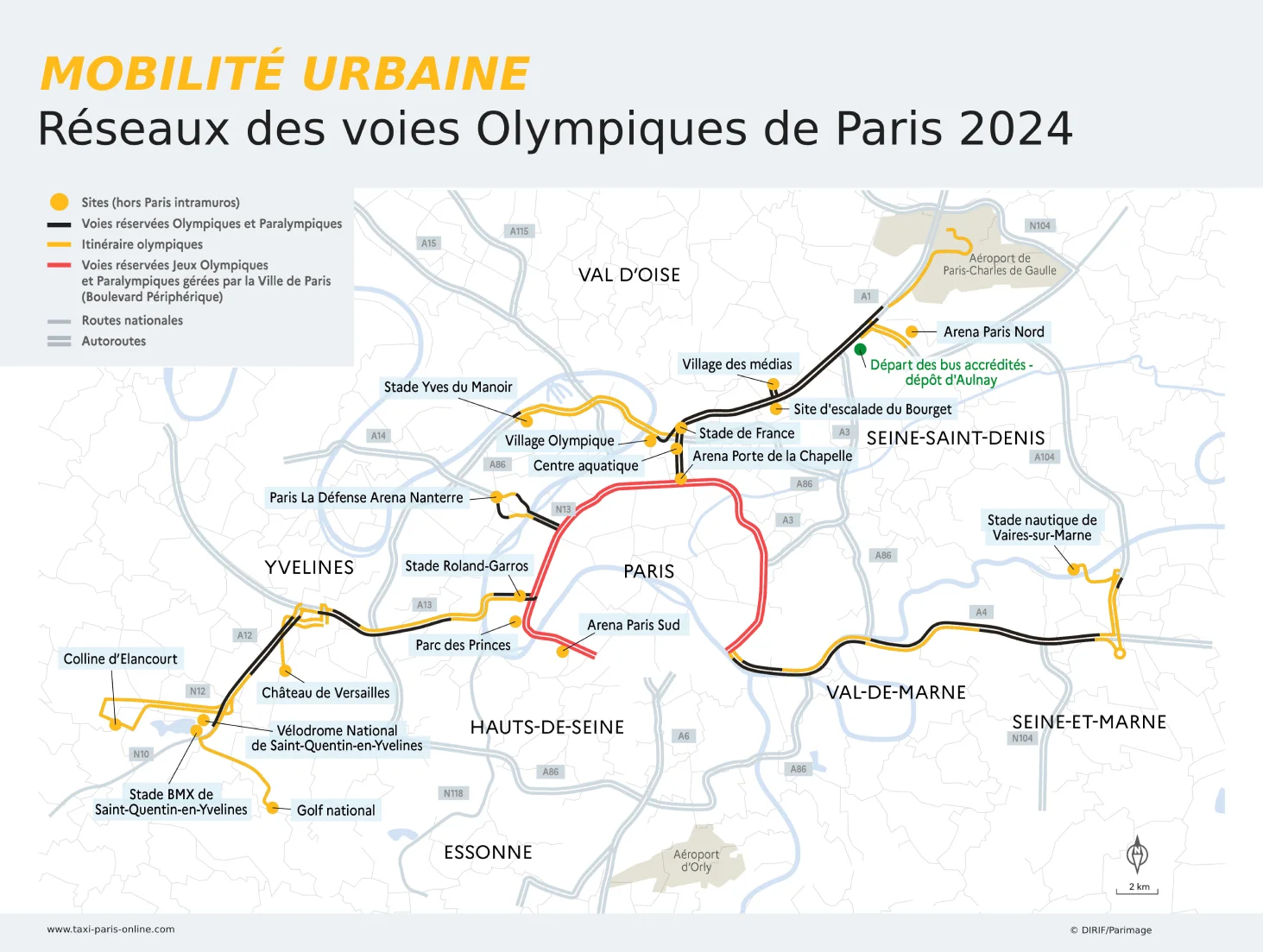 Carte des voies olympiques de Paris 2024, itinéraires des Jeux Olympiques, plan des routes olympiques, sites Olympiques, Jeux Olympiques de Paris 2024