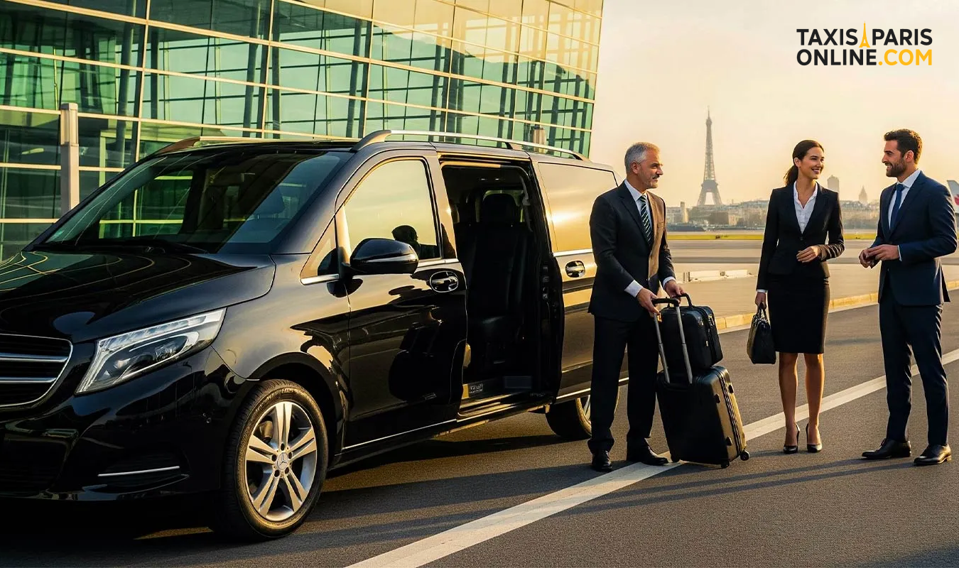 Taxi devant une gare parisienne pour un transfert vers les aéroports CDG, Orly ou Beauvais
