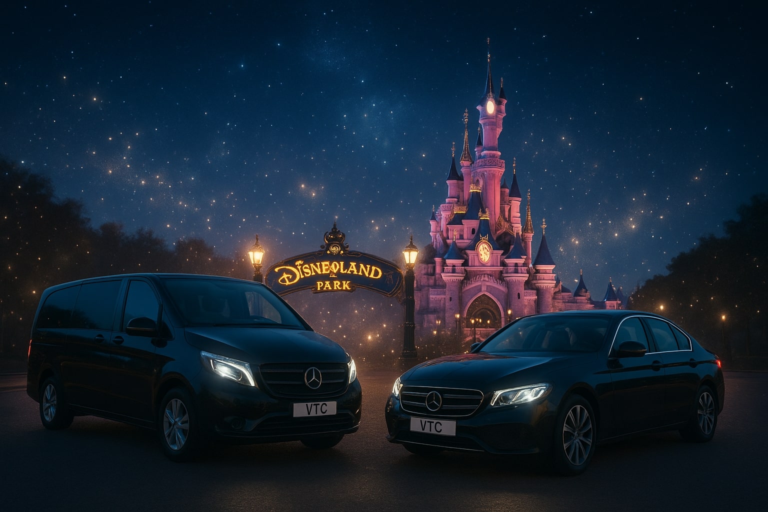 Taxi devant l'entrée de Disneyland Paris - transfert aéroport et navettes